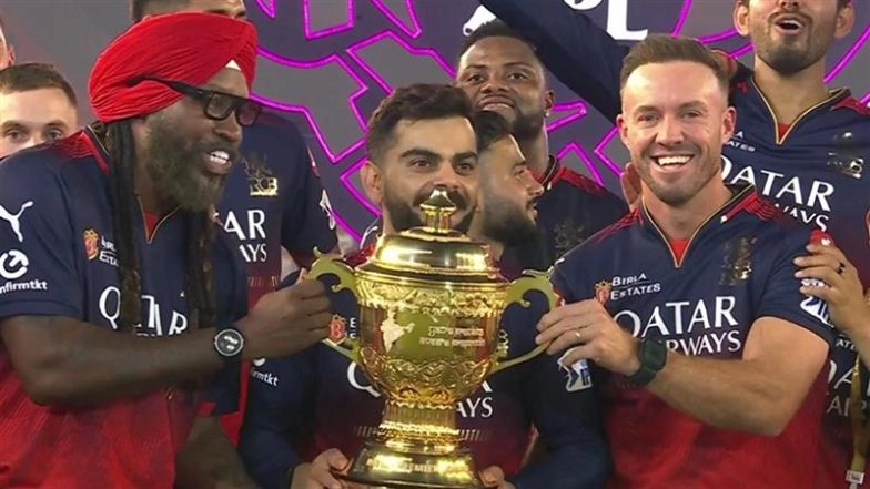 Virat Kohli, Chris Gayle, AB De Villiers Celebrate With IPL 2025 Trophy After RCB Win First Indian Premier League Title (Watch Video)