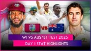 WI vs AUS 1st Test 2025 Day 1 Stat Highlights: Jayden Seales&rsquo; Third Five-Wicket Haul in Test Cricket Helps West Indies Restrict Australia to 180