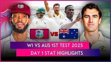 WI vs AUS 1st Test 2025 Day 1 Stat Highlights: Jayden Seales’ Third Five-Wicket Haul in Test Cricket Helps West Indies Restrict Australia to 180