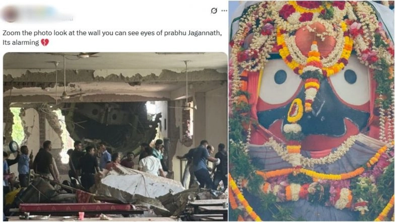 ‘Lord Jagannath Eyes’ at Ahmedabad AI171 Flight Crash Site? Netizens Share Viral Photos Linking Air India Tragedy to Old Video of Eagle Flying With Flag Over Puri’s Jagannath Temple