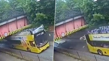 Horror in Salford: Double-Decker Bus’s Roof Torn Off After Crashing Into Low Bridge in UK, Passengers Thrown Off Top Deck; Driver Arrested As 20 Injured (Watch Video)