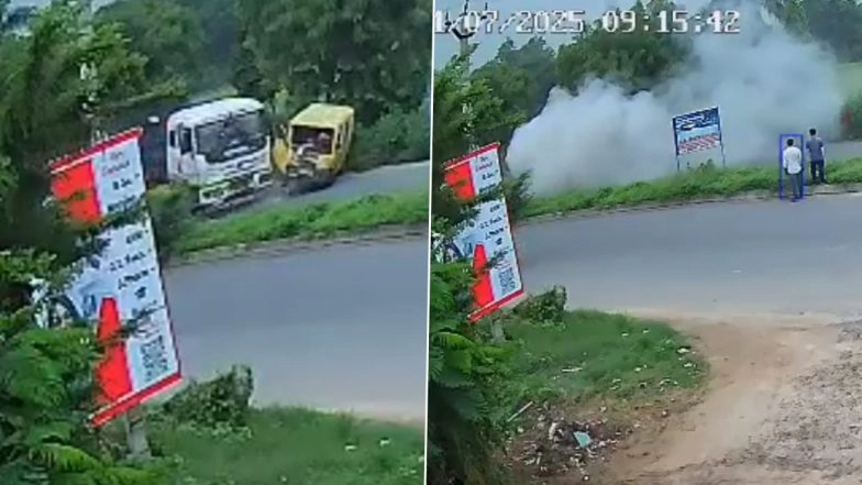 Kannauj Road Accident: 14 Injured After Dumper Collides With School Van in Uttar Pradesh, Shocking Video Surfaces