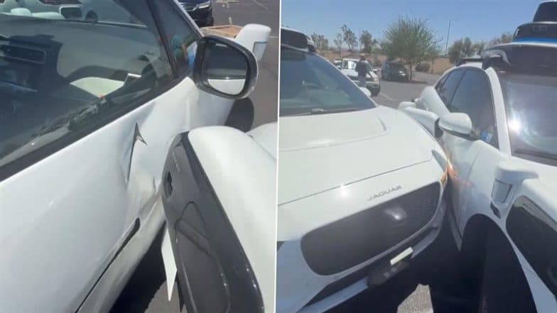 Waymo Crash in US: Waymo-Operated Jaguar Crashes Into Another Self-Driving Car at Phoenix Sky Harbor Airport in Arizona, Video Surfaces