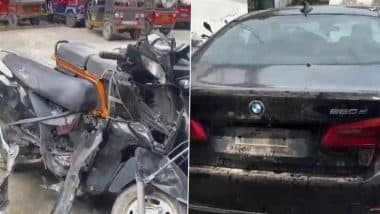 BMW Car Accident: 1 Killed, 2 Injured As Speeding Luxury Car Crashes Into Scooter in Noida (Watch Video)