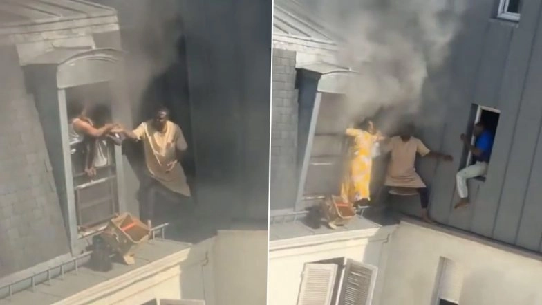 France: Man Risks Life on Narrow Ledge to Rescues 6 Including 2 Babies From Burning Apartment Building in Paris, Video Goes Viral