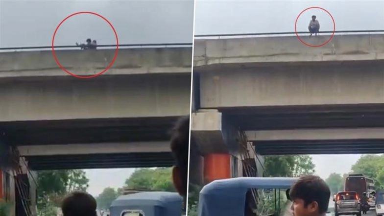 Agra: Man Attempts Suicide by Jumping From Flyover After Fight With Wife, Rescued by UP Police (Watch Video)