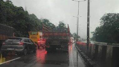 Pune-Mumbai Expressway Witnesses Huge Traffic Jam Amid Reports of Landslide on Bhor Ghat, Long Queues of Vehicles Seen (Pics and Video)