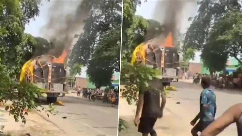 Badaun: 6 Injured, Tractor-Trolley Set Ablaze After Vehicle Crushes Kanwadiya During Kanwar Yatra in Uttar Pradesh; Video Surfaces