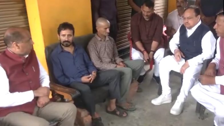 Himachal Pradesh Rains and Cloudburst: Union Minister JP Nadda, Along With Former CM Jairam Thakur, Visits Mandi; Meets Families Affected by Flood (Watch Video)