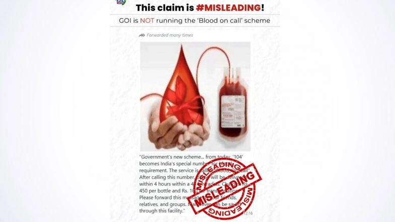 Did PM Modi Government Launched Pan-India Helpline Number 104 ‘Blood on Call’ Service To Meet Blood Requirement? PIB Reveals Truth About Misleading Claim