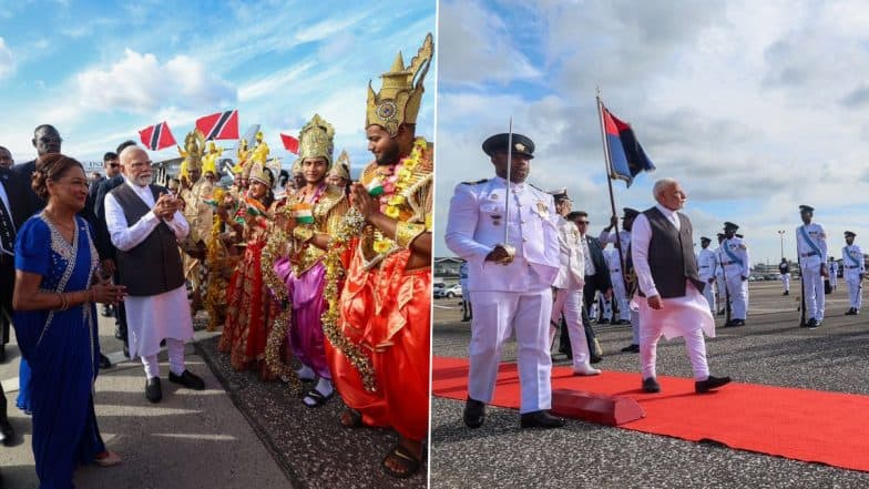 PM Narendra Modi Meets Indian Diaspora in Trinidad and Tobago, Gifts Ram Mandir Replica and Sarayu Water, Recalls Community’s Devotion in Sending ‘Shilas’ for Ayodhya Temple (See Pics)