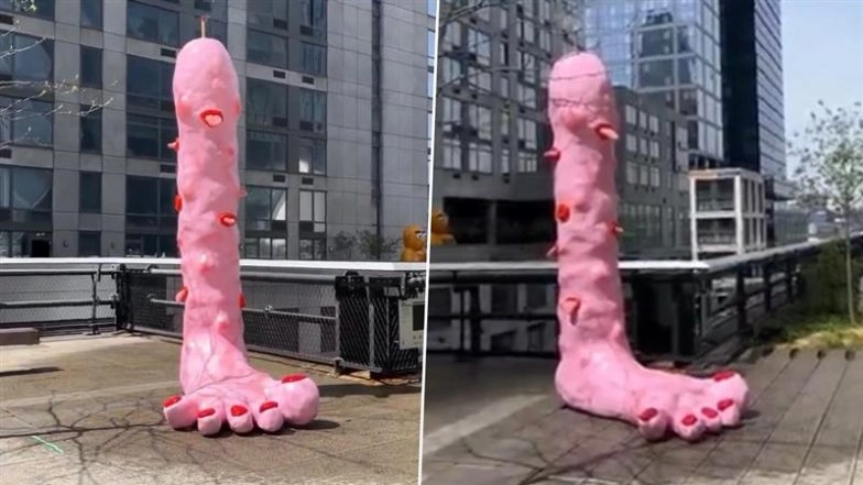 Penis-Shaped ‘Foot Fountain’ in NYC Street Leaves Visitors Bewildered! Viral Video Shows Bizarre Pink Sculpture That Squirts Water Out of the Tip and Drenches Visitors (Watch)