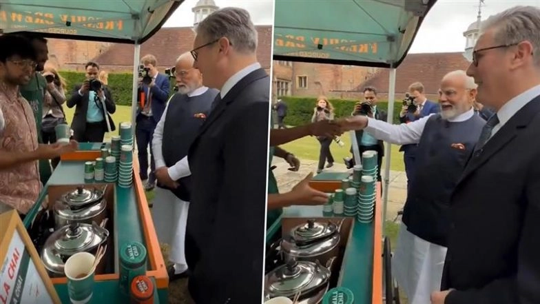 ‘From One Chaiwala to Another’: PM Narendra Modi Smiles As Indian-Origin Entrepreneur Akhil Patel Serves Tea To Him and UK PM Keir Starmer in London (Watch Video)