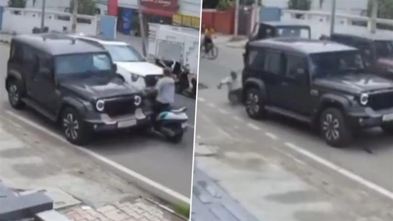 Jammu Road Rage Incident: Speeding SUV Brushes Past Scooty While Overtaking, Then Reverses and Rams Elderly Rider; Shocking Video Surfaces