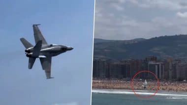 Spain: EF-18 Hornet Fighter Jet Nearly Crashes While Dodging Bird Flock at Gijón Airshow, Air Force Respond After Video Goes Viral