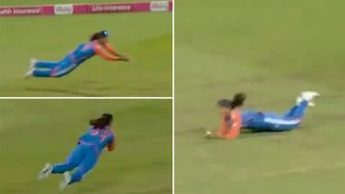 Radha Yadav Take Stunning Diving Catch To Dismiss Amy Jones During IND-W vs ENG-W 5th T20I 2025 (Watch Video)