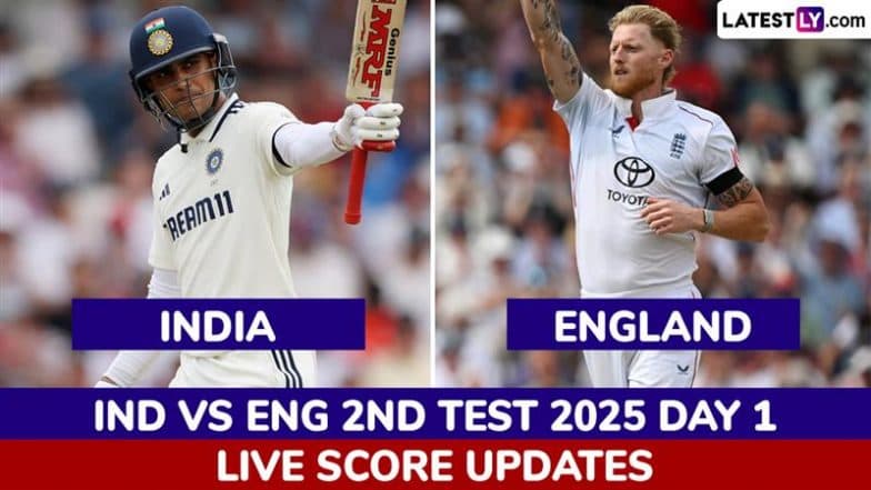 IND 261/5 in 75 Overs | India vs England Live Score Updates of 2nd Test 2025 Day 1: Shubman Gill and Ravindra Jadeja Stitch Crucial 50-Run Stand