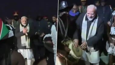PM Modi in Namibia: Prime Minister Narendra Modi Joins In on Namibian Drums During Ceremonial Welcome in Windhoek (Watch Video)