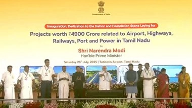 PM Narendra Modi Lays Foundation Stones, Inaugurates Projects Worth Over INR 4,900 Crore in Tamil Nadu’s Tuticorin (Watch Video)