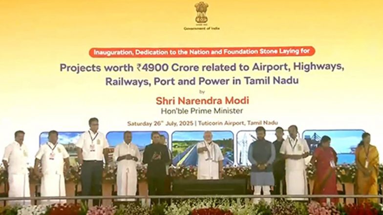 PM Narendra Modi Lays Foundation Stones, Inaugurates Projects Worth Over INR 4,900 Crore in Tamil Nadu’s Tuticorin (Watch Video)