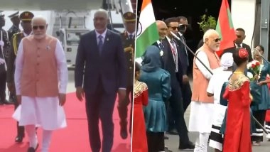 PM Narendra Modi Arrives in Maldives, Received by President Mohamed Muizzu Other Senior Leaders (Watch Videos)