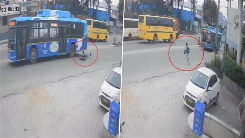 Accident Caught on Camera in Bengaluru: Student Critically Injured After Being Hit by BMTC Bus While Rushing to Catch School Van in Jigani; Disturbing Video Surfaces