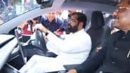 Eknath Shinde Test Drives Tesla Car Outside Vidhan Sabha, Terms Maharashtra Investor-Friendly State (Watch Video and See Pics)