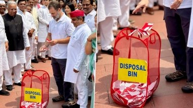 Rahul Gandhi-Led Opposition MPs Continue Stir in Parliament House Complex, Dump Bihar SIR Placards in Dustbin (See Pics and Video)
