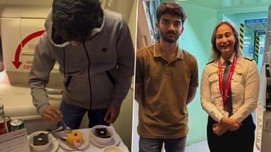 Chess Champion Gukesh Enjoys Dessert Platter on Air India Flight, Poses with Pilot Laxmi Joshi (Watch Video)