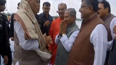 India News | Bihar Polls: Defence Minister Rajnath Singh Arrives at Patna Airport Ahead of Inaugural Ceremony of BJP's State Executive Meeting