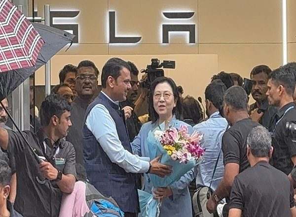 India News | Maharashtra CM  Fadnavis at  Tesla Showroom in Mumbai Ahead of Inauguration