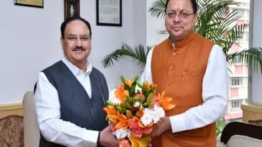 India News | Delhi: Uttarakhand CM Pushkar Singh Dhami Meets Union Health Minister JP Nadda to Discuss Healthcare in State
