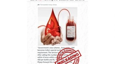 India News | PIB Fact Check Debunks Claim on Pan-India 'Blood on Call' Helpline Number 104