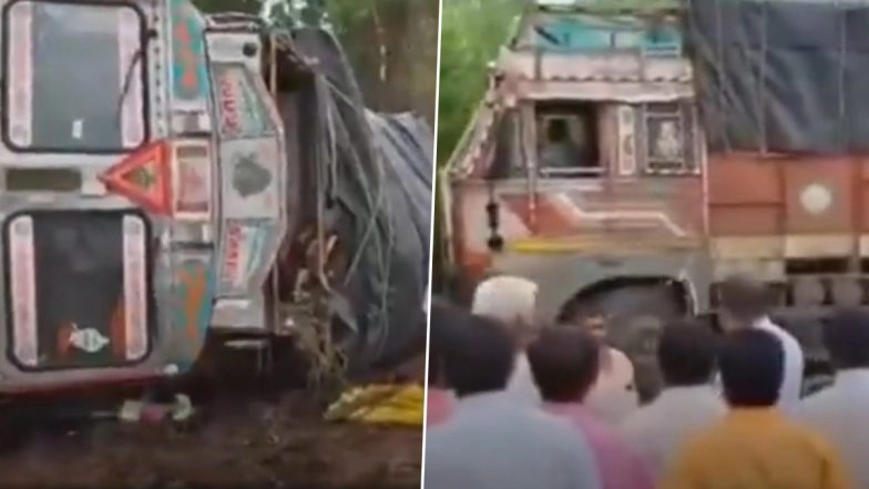 Accident Caught in Camera in Beed: Engineer and Villagers Escape Narrowly During Road Repairs Inspection As Truck Passing Through Khadki Village Overturns After Road Caves In, Video Surfaces
