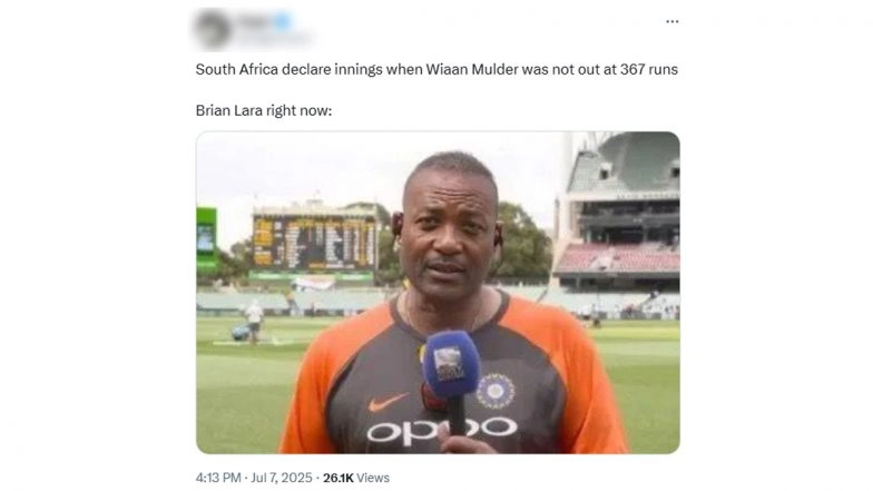 Funny Memes Go Viral As Wiaan Mulder Declares Innings At Individual Score of 367* During ZIM vs SA 2nd Test 2025, Opts Out Of Chasing Brian Lara's Record