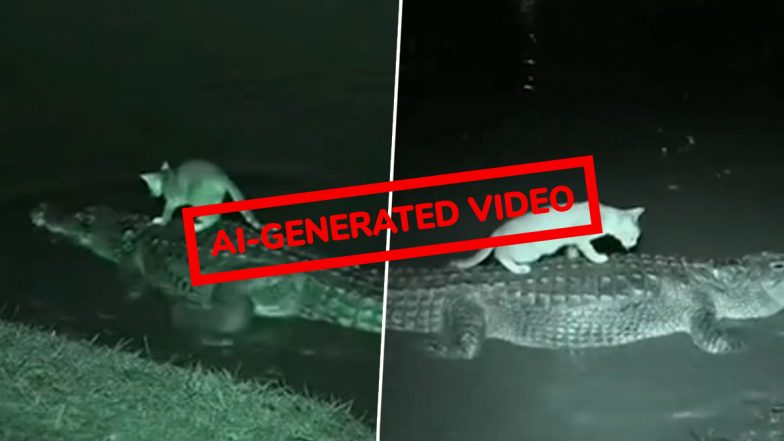 Is ‘Cat Riding Crocodile’ Video Real or Fake? Fact Check Reveals AI-Generated Clip Going Viral With Netizens Believing It To Be True