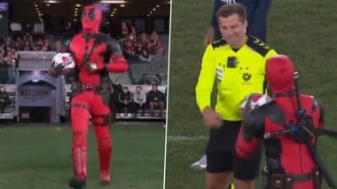 Deadpool Delivering Ball! Man Dressed As Popular Marvel Comic Character Hands Football to Referee Ahead of Wrexham vs Melbourne Victory Pre-Season Friendly 2025 (Watch Video)