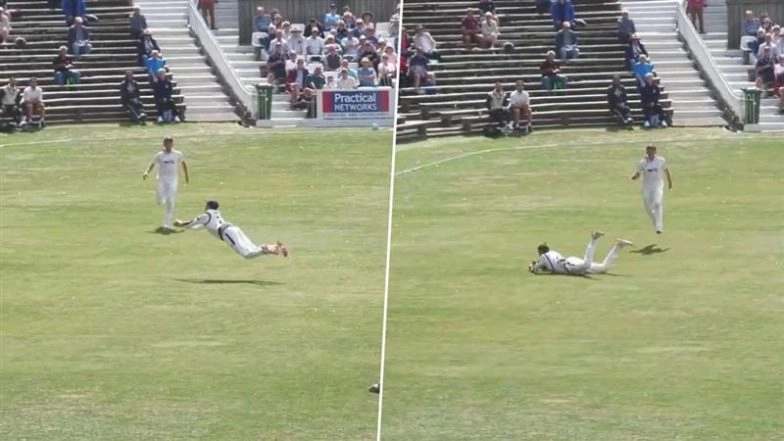 James Wharton Runs Long Way Back to Take Sensational Diving Catch to Dismiss Tom Haines During Yorkshire vs Sussex County Championship 2025 Match (Watch Video)