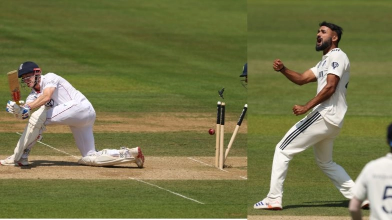 Akash Deep Takes Revenge! Indian Speedster Uproots Harry Brook’s Middle-Stump With Fiery Delivery During IND vs ENG 3rd Test 2025 (Watch Video)