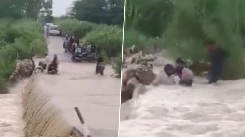 Hoshiarpur: Biker and Pillion Rider Swept Away by Strong Water Current While Crossing Road in Punjab's Hargadh Amid Waterlogging, Rescued by Locals; Video Surfaces