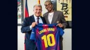 Lamine Yamal Receives No 10 Jersey of Barcelona; Star Footballer Arrives at Camp Nou As He Signs Contract Extension With La Liga Giants Till 2031 (Watch Video)