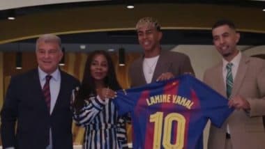 Lamine Yamal Receives No 10 Jersey of Barcelona; Star Footballer Arrives at Camp Nou As He Signs Contract Extension With La Liga Giants Till 2031 (Watch Video)