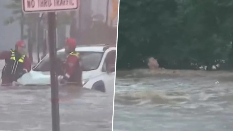 New Jersey Flash Floods: Man Hooked Up and Dunked in Water Before Being Pulled Out of Flooded Street in Scotch Plains, Governor Phil Murphy Declares State of Emergency Amid Flash Flooding (Watch Video)