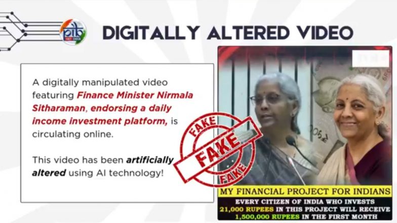Did Nirmala Sitharaman Announce Investment Platform Promising up to INR 15 Lakh Monthly Income for INR 21,000 Investment? PIB Fact Check Debunks Digitally-Altered Fake Video