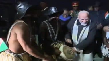 PM Modi Drum Skills: Prime Minister Narendra Modi Tries His Hand at Playing Namibian Traditional Drums After Arriving in Namibia's Windhoek (Watch Video)
