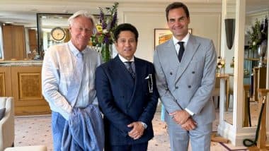 Sachin Tendulkar Finds Himself ‘In the Middle of a Grand Slam Sandwich’ As He Poses Alongside Roger Federer and Bjorn Borg at Wimbledon 2025 (See Post)