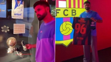 Shreyas Iyer Visits Camp Nou; Star Indian Cricketer Poses With Customised FC Barcelona Jersey (Watch Video)