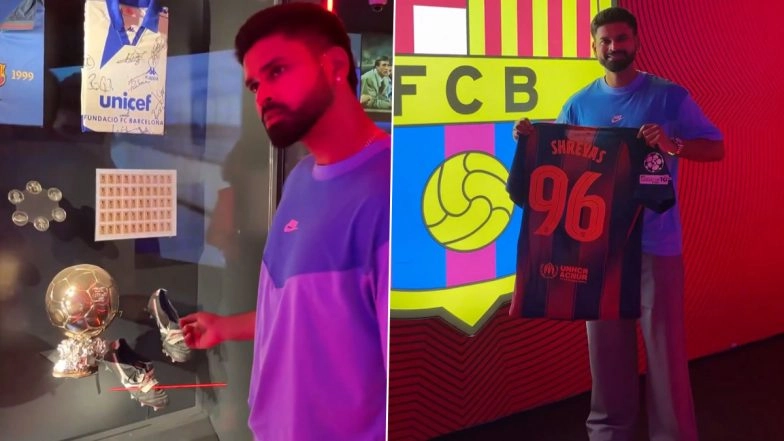 Shreyas Iyer Visits Camp Nou; Star Indian Cricketer Poses With Customised FC Barcelona Jersey (Watch Video)