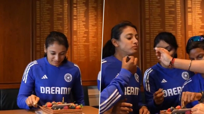 Smriti Mandhana Celebrates Her 29th Birthday With Teammates by Cutting Cake at Lord’s Cricket Ground Ahead of ENG-W vs IND-W 2nd ODI 2025 (Watch Video)