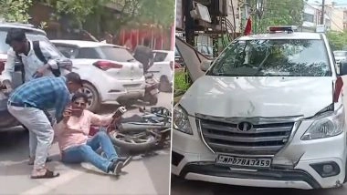 Gwalior: Tulsi Ram Silawat's Convoy Meets With Accident Near Patel Nagar, Passing Biker Suffers Minor Injuries After One of the Vehicles Collide With Divider; Video Surfaces